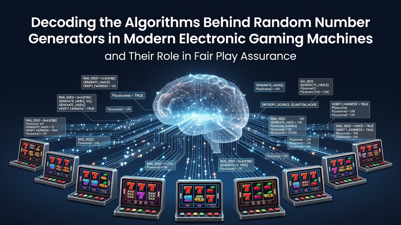 Technical illustration showing RNG algorithm flow inside an electronic gaming machine with data streams and seed inputs