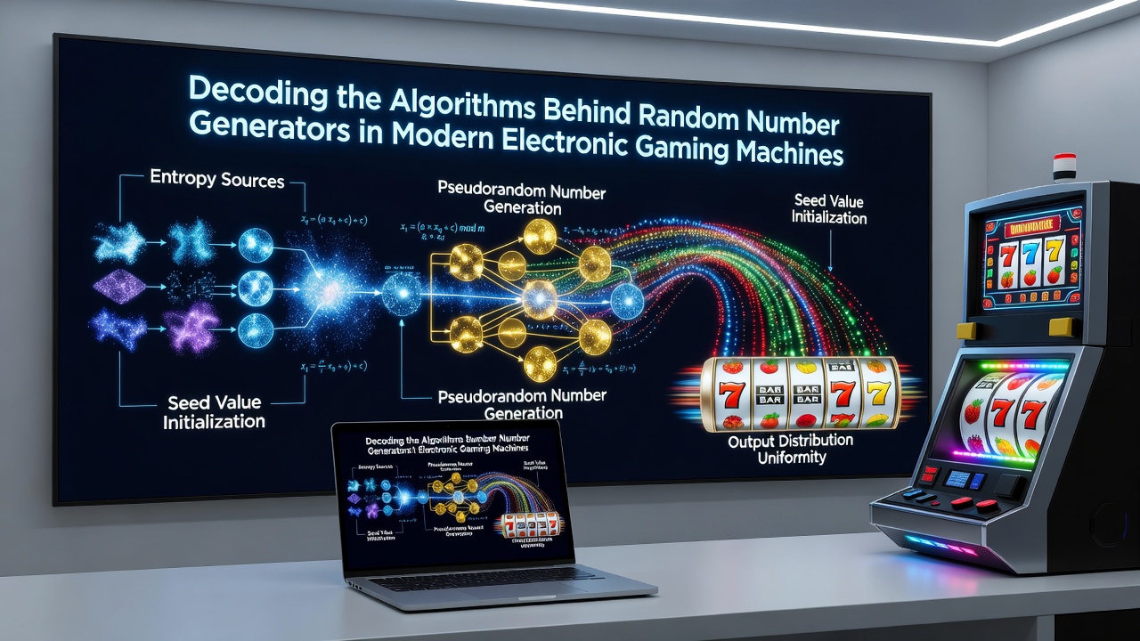 Casino floor scene with electronic gaming machines connected to central monitoring systems for RNG verification