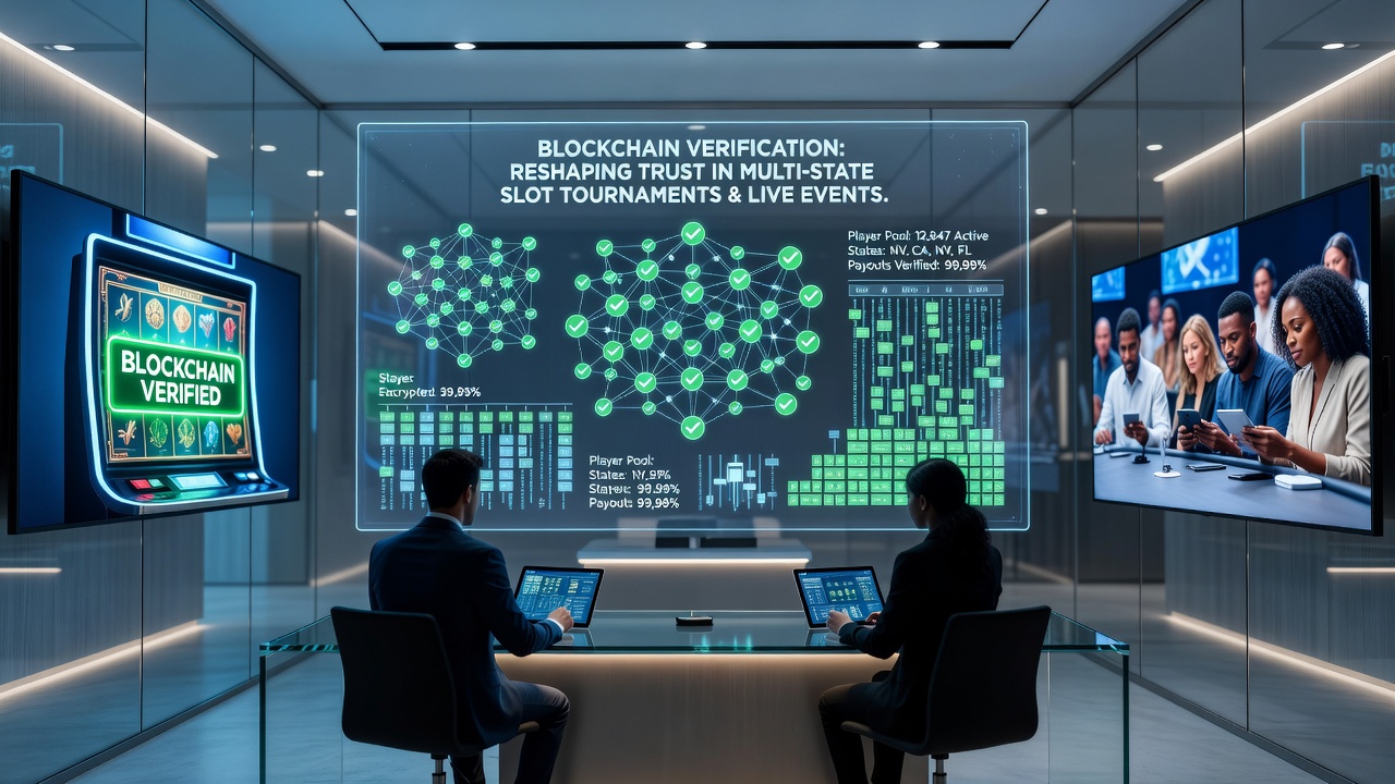 Live table gaming floor with integrated blockchain monitoring interfaces visible to staff and regulators