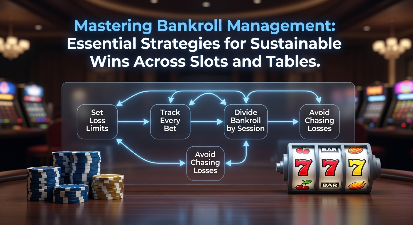 A detailed chart showing bankroll allocation strategies for slots and table games, with pie charts dividing funds between sessions, losses, and reserves