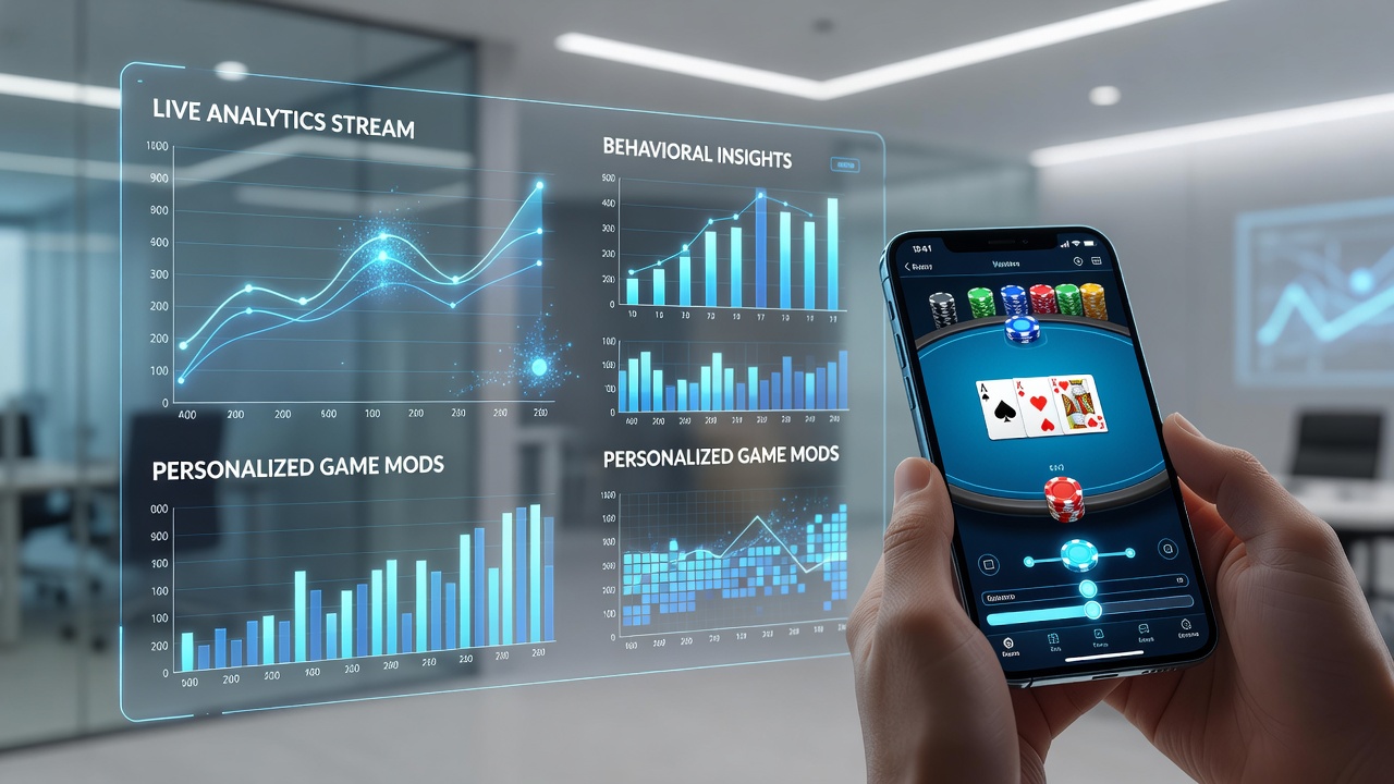 Analytics dashboard displaying real-time player behavior metrics and customized table game recommendations on mobile